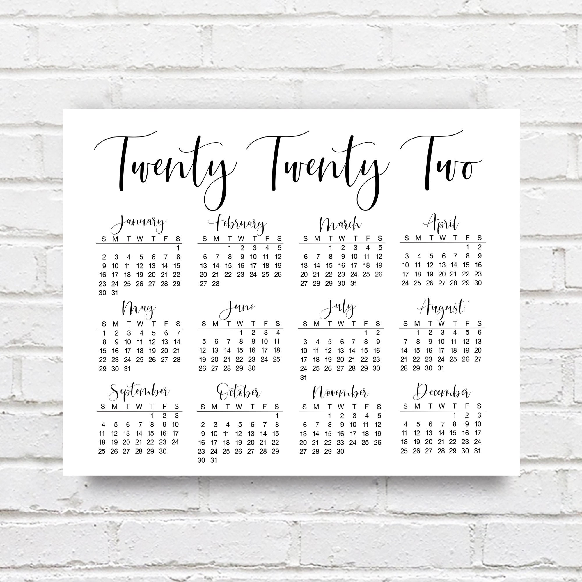 Printable 2022 Yearly Wall Calendar Large 2022 Calendar Etsy
