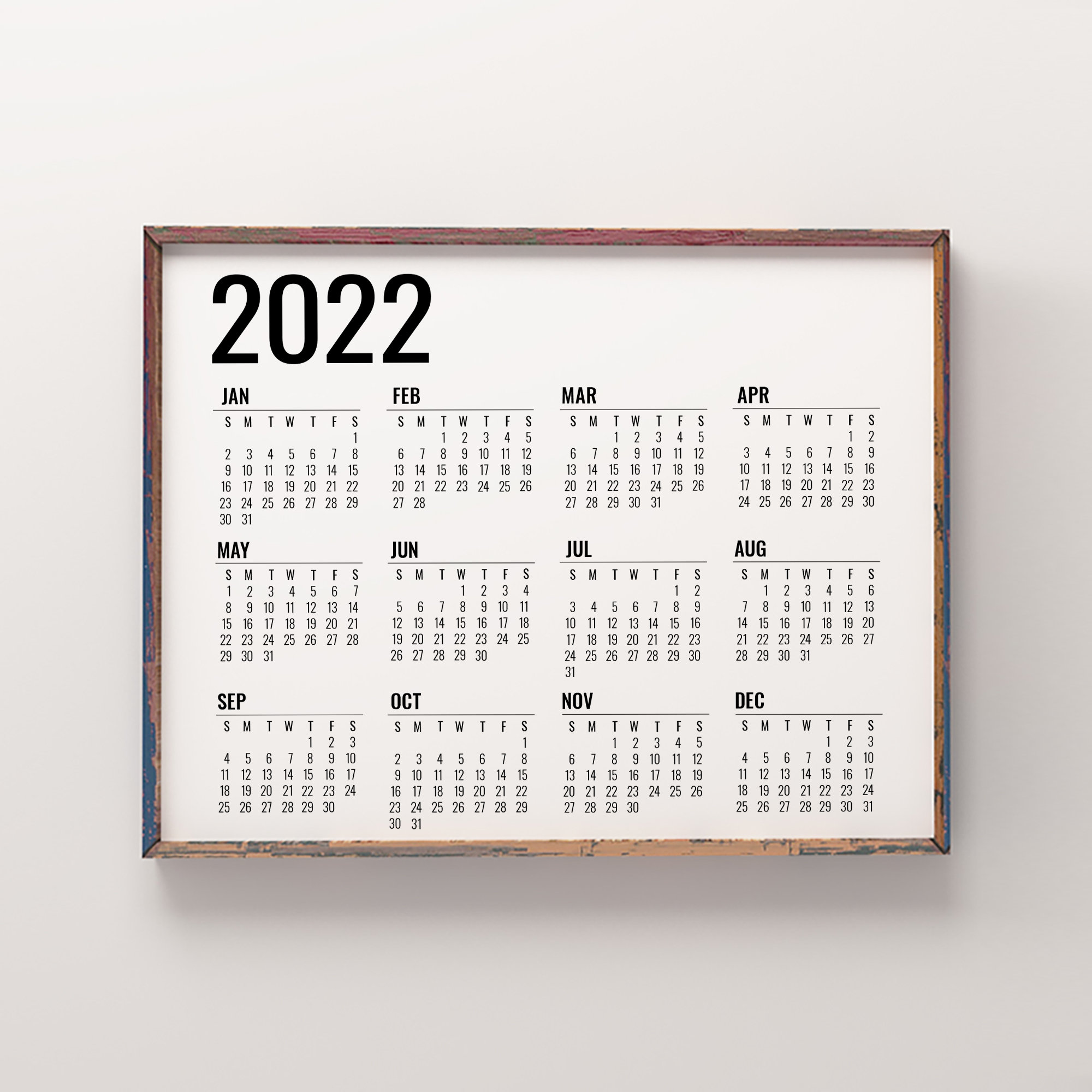 Printable 2022 Yearly Wall Calendar Large 2022 Calendar Etsy