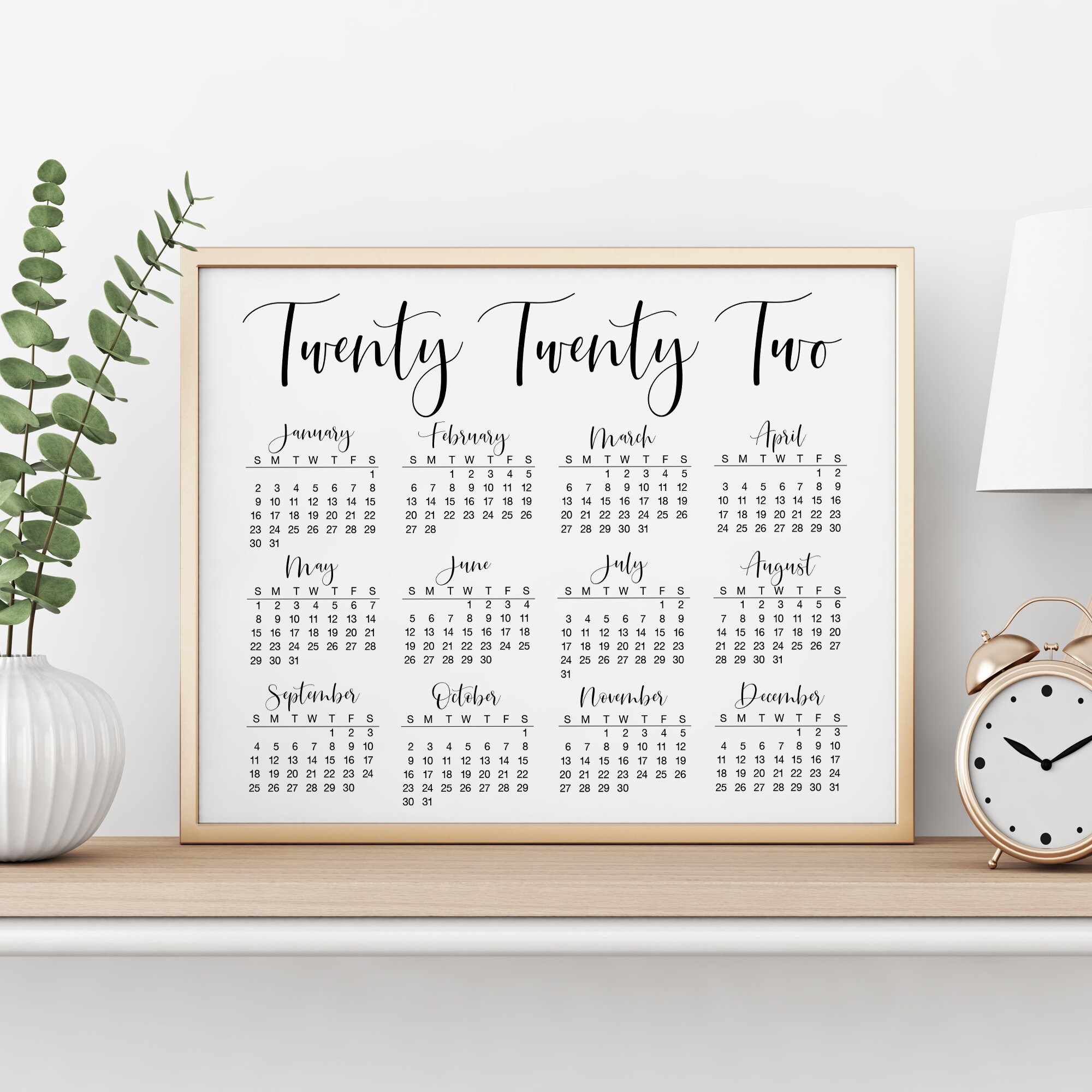 printable 2022 yearly wall calendar large 2022 calendar etsy