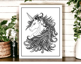 Printable Whimsical Unicorn Zentangle Art for Instant Digital Download