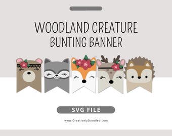 Woodland Bunting Banner SVG / Cut File Download, Cute Forest Animals for Kid's Party Decor & Baby Shower Celebrations