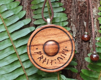 Nordic God blessing shield pendant. Wooden Viking shield jewelery with Freyja, Thor or Odin blessing in Younger Futhark runes.