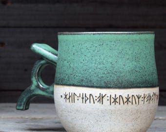 Runic inscriptions about Thor, Odin & Viking gods on a large Viking mug, 17oz/500mL, in tall Swedish style. Handmade to order.
