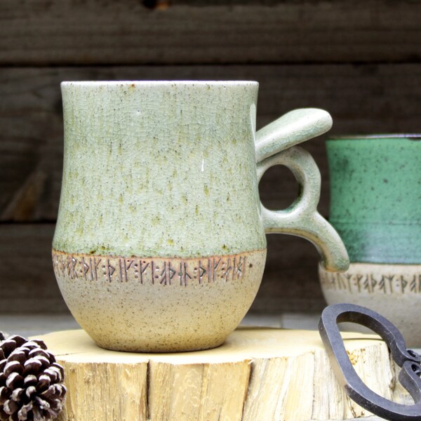 Norwegian Viking Mug with Runes: a 14oz/400mL handmade pottery mug inspired by Norwegian medieval & runic archaeology. MTO.