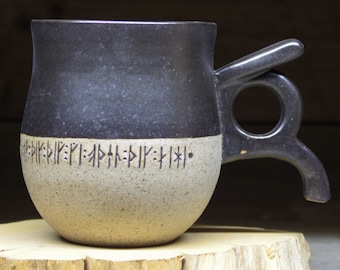 14oz/400mL Viking mug with genuine runic inscriptions about Gods & magic. Handmade pottery mug inspired by Swedish history. Made to order.