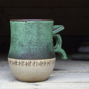 Large Viking Mug with real runic inscriptions about Thor, Odin & Viking gods. Handmade to order 17oz/500mL Norwegian style pottery mug.