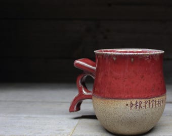 Viking mug with real runic inscriptions about Thor, Odin & Viking gods. 14oz/400mL handmade to order pottery mug inspired by Swedish history