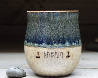 Runic inscriptions about Thor, Odin & Viking gods on a large Viking mug, 17oz/500mL, in tall Swedish style. Handmade to order.