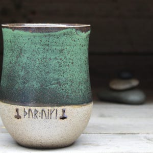 Large Viking tumbler, no handle, 17oz/500mL, with runic inscriptions from archaeology about Gods & magic. A pottery cup, handmade to order. image 4
