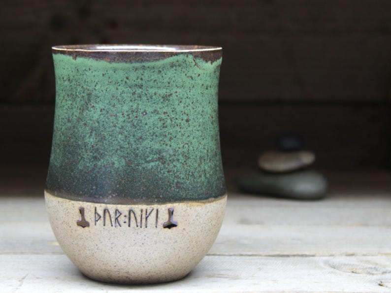 Large Viking tumbler, no handle, 17oz/500mL, with runic inscriptions from archaeology about Gods & magic. A pottery cup, handmade to order. image 4