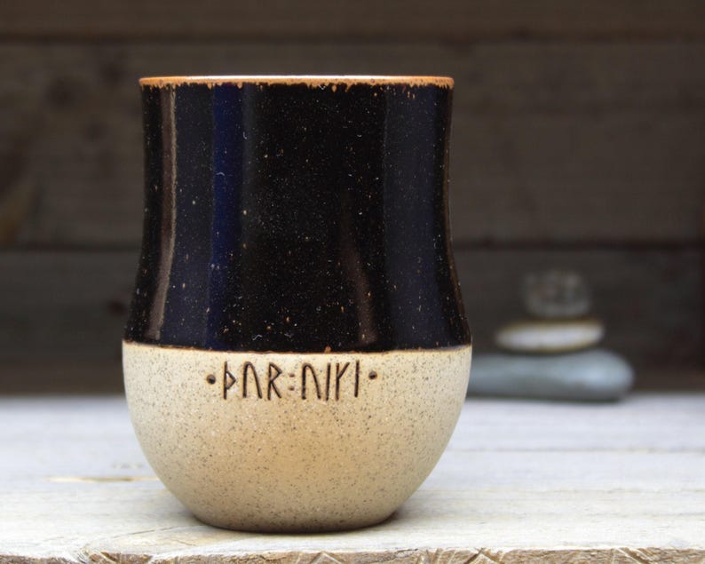 Large Viking tumbler, no handle, 17oz/500mL, with runic inscriptions from archaeology about Gods & magic. A pottery cup, handmade to order. image 5