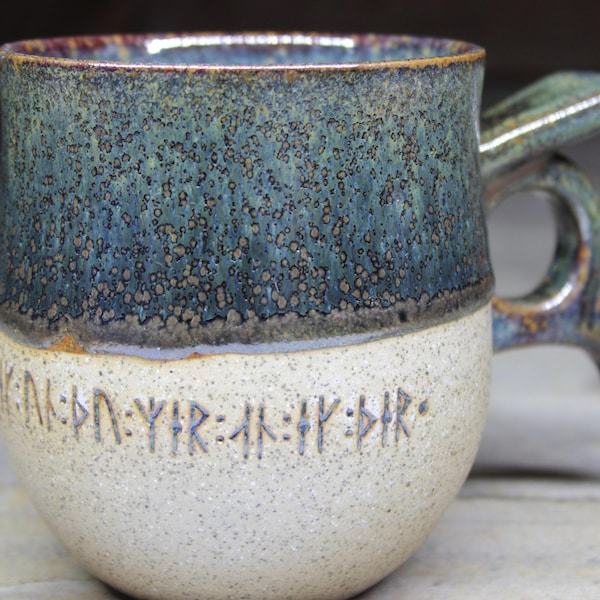 Viking mug with all Younger or Elder Futhark runes & other runic charms from archaeology. 17oz/500mL tall Swedish style handmade pottery mug