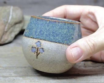 Japanese tea cup with blue flower imprint. 7oz /210mL ceramic, perfect for tea, coffee, or even whiskey. Handmade pottery.