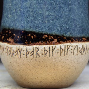 Large Viking tumbler, no handle, 17oz/500mL, with runic inscriptions from archaeology about Gods & magic. A pottery cup, handmade to order. image 3