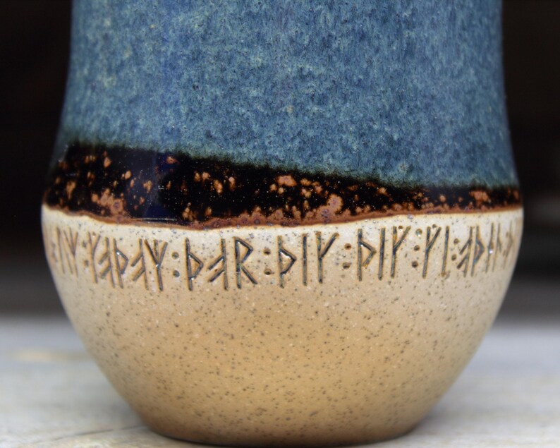Large Viking tumbler, no handle, 17oz/500mL, with runic inscriptions from archaeology about Gods & magic. A pottery cup, handmade to order. image 3