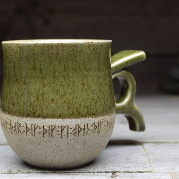 Viking mug with runic inscriptions about runes & magic from archaeology. Handmade to order 400mL/14oz pottery mug based on Swedish history.