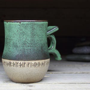 Large Viking Mug with real runic inscriptions about Thor, Odin & Viking gods. Handmade to order 17oz/500mL Norwegian style pottery mug.