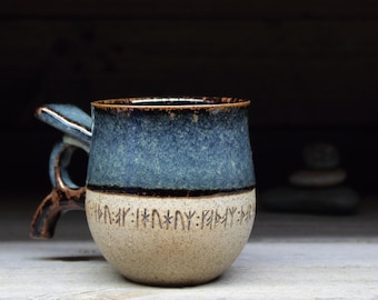 Viking mug + real runic inscriptions about Thor, Odin & Viking gods. 10oz/300mL tall Swedish style handmade pottery mug. Made to order.