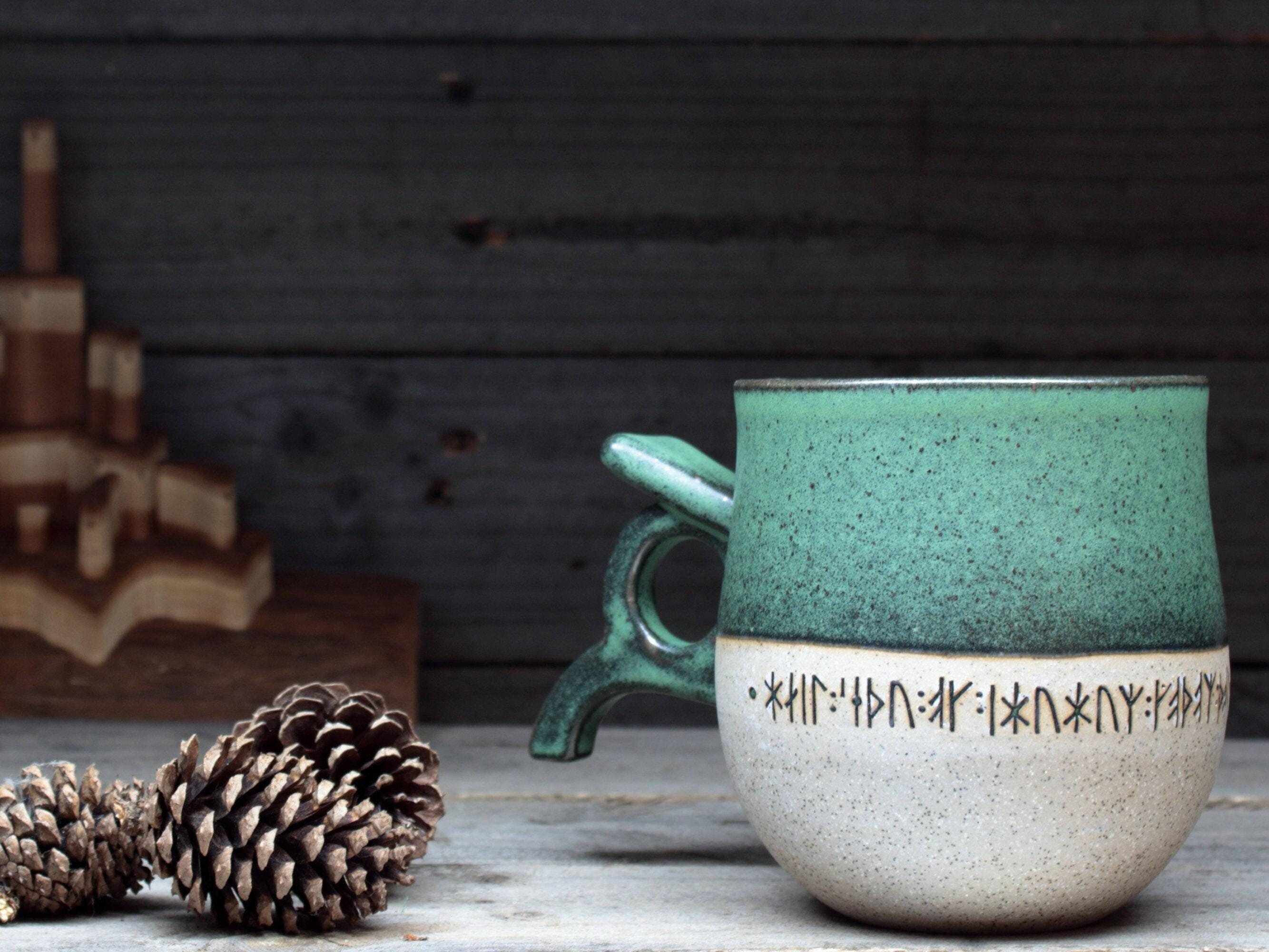 Runic inscriptions about Thor, Odin & Viking gods on a large Viking mug, 17oz/500mL, in tall Swedish style. Handmade to order.