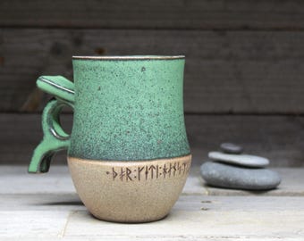 Inscriptions about Thor, Odin & the Viking gods on a Viking Mug. 14oz/400mL handmade to order pottery mug inspired by Norwegian archaeology.