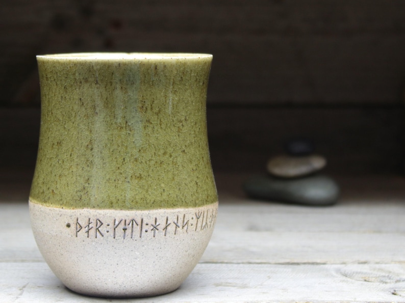 Large Viking tumbler, no handle, 17oz/500mL, with runic inscriptions from archaeology about Gods & magic. A pottery cup, handmade to order. image 6