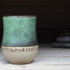 Large Viking tumbler, no handle, 17oz/500mL, with runic inscriptions from archaeology about Gods & magic. A pottery cup, handmade to order. image 1