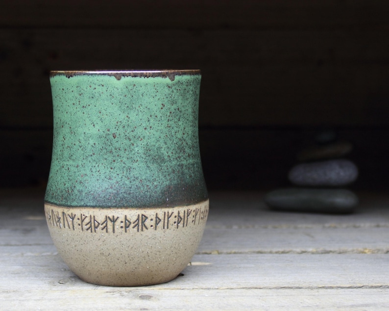 Large Viking tumbler, no handle, 17oz/500mL, with runic inscriptions from archaeology about Gods & magic. A pottery cup, handmade to order. image 1