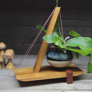 Sculptural Hanging Planter: Handmade Australian Hardwood with Ceramic Bowl in Japanese-Scandinavian Fusion Design