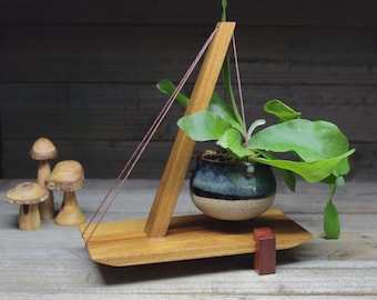 Sculptural Hanging Planter: Handmade Australian Hardwood with Ceramic Bowl in Japanese-Scandinavian Fusion Design