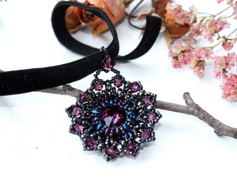 Baroque style pendant / brooch purple Swarovski crystals and peacock tail color beads