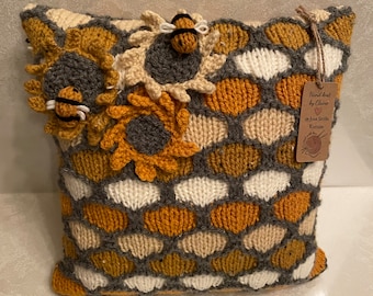 Bumblebee and Beehive hand knit cushion cover