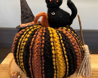 pretty little cat with witches hat and broom pumpkin on wooden  base.
