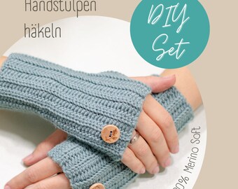 DIY-Häkelset von Handstulpen aus 100% Merino Soft Wolle, Stulpen häkeln, Pulswärmer Damen, Fingerlose Handschuhe, stylische Armstulpen, DIY