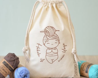Projektbeutel Kordelzug • Aufbewahrung Häkelprojekte • Stricktasche • Baumwolle • Stoffbeutel • Yolea, das Yogamädchen von Sameko Design