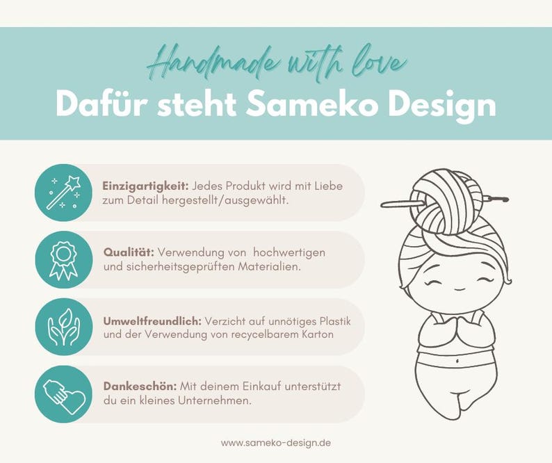 Puede incluir: Un gr&aacute;fico en color verde azulado claro y crema con el texto "Handmade with love" y "Daf&uuml;r steht Sameko Design". La imagen incluye una caricatura de una persona con pelo de hilo y un ganchillo, junto con texto sobre la calidad y la sostenibilidad del producto.