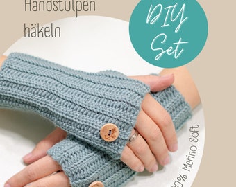DIY crochet set of hand warmers made of 100% Merino Soft wool, crochet cuffs, wrist warmers for women, fingerless gloves, stylish arm warmers, DIY