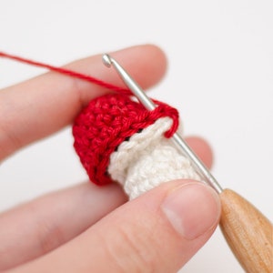 May include: A crocheted mushroom with a red cap and a white stem. The image shows the mushroom in different stages of creation, with a crochet hook and red yarn visible. The finished mushroom is small and detailed.