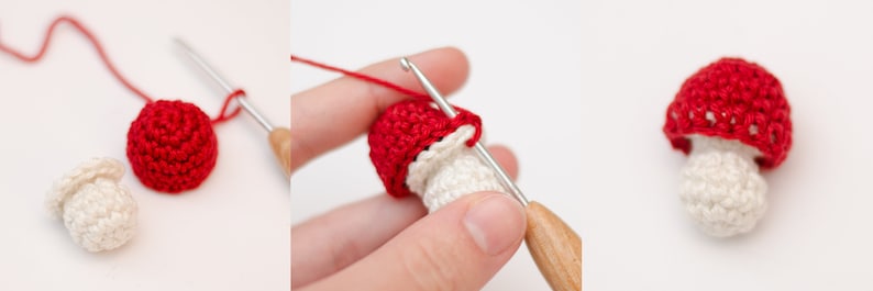 May include: A crocheted mushroom with a red cap and a white stem. The image shows the mushroom in different stages of creation, with a crochet hook and red yarn visible. The finished mushroom is small and detailed.