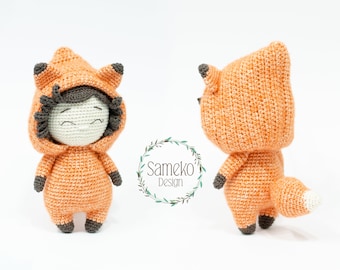 Igrid la niña zorro • Patrón de crochet Amigurumi de Sameko Design • Zorro de crochet • Descarga en PDF • Disfraz de muñeco con capucha de animal del bosque