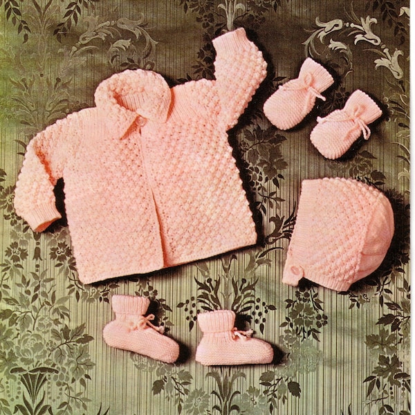 Vintage Baby Knitting Pattern Copley 1022 Instant Digital Download PDF Pram Set Cardigan Bonnet Bootes Mitts 17-19" chest Girl Pretty 6/12m