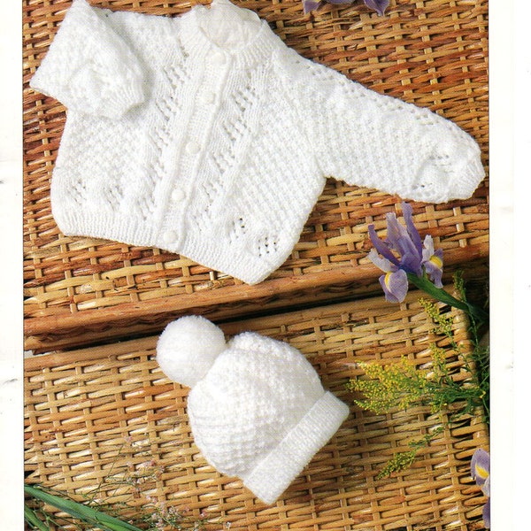 Sirdar 3801 PDF Baby Knitting Pattern Cardigan Bobble Hat 12 - 20" Premie to 18 months, Instant Download Quick Knit, Sports Weight