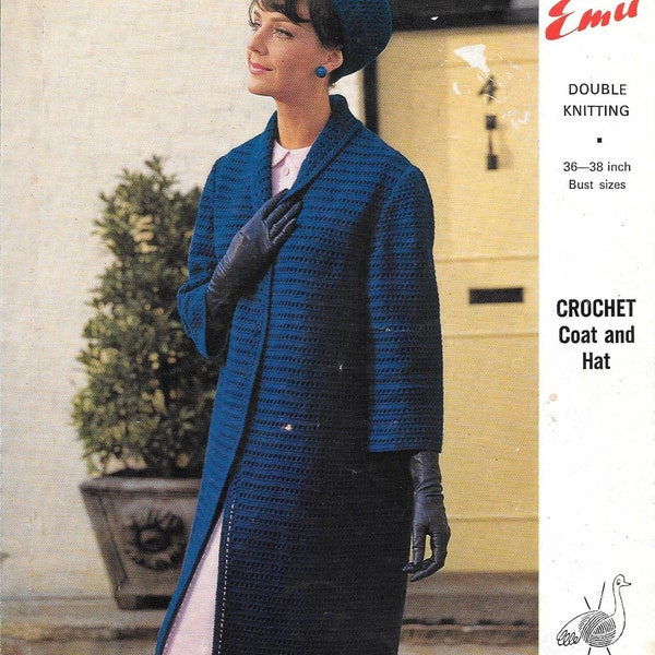 Vintage Emu Crochet Pattern, PDF,  Ladies Coat and Hat, Sizes 36 - 38" bust,1960s, Double Knitting Call the Midwife Style