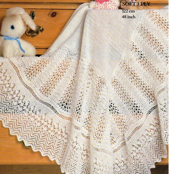 Robin 13497 vintage Baby Knitting Pattern Châle / Couverture 48" carré 3 plis Châle de baptême