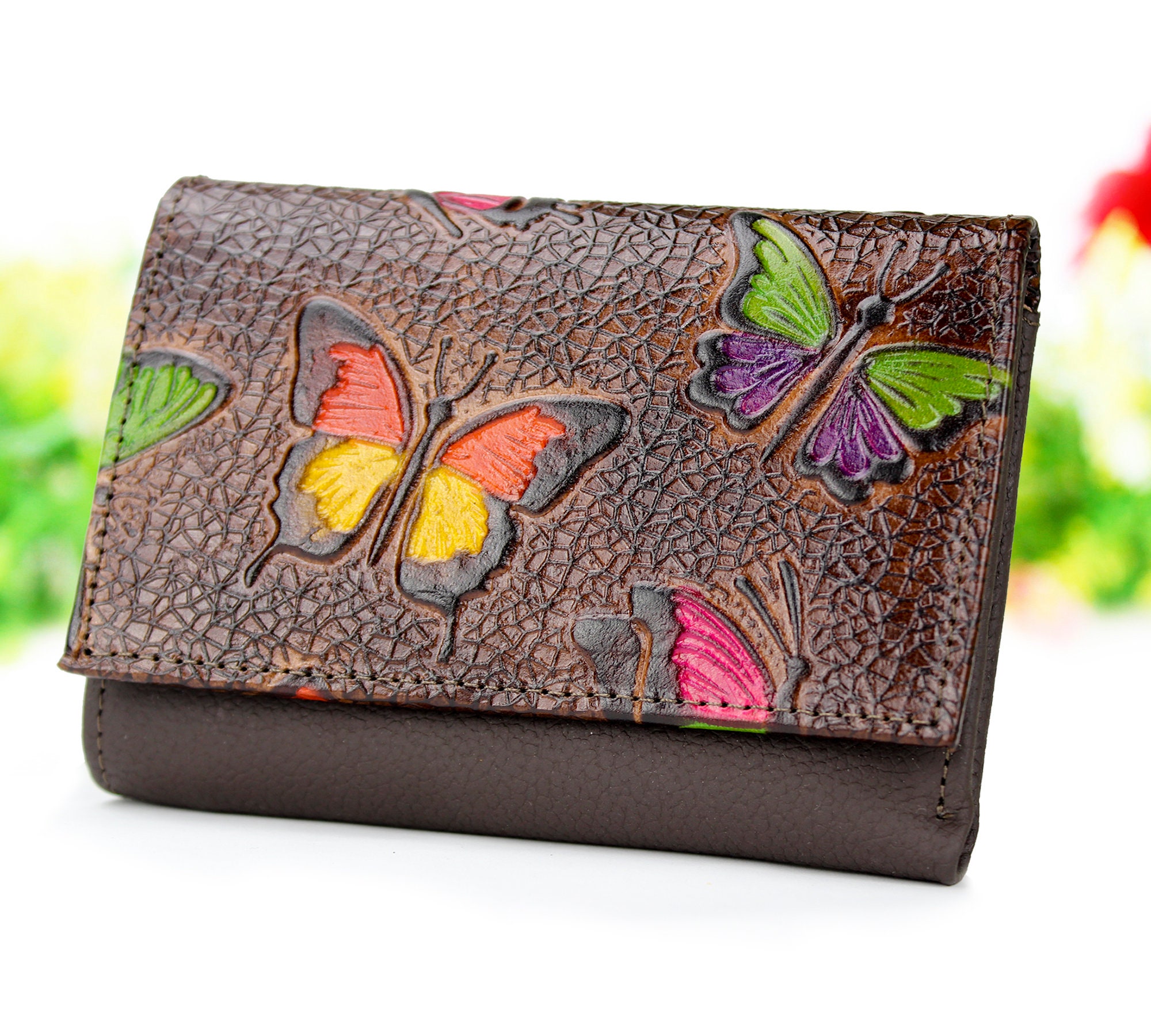 Pattern Ladies Hand Painted Leather Trifold Wallet, Compartments: 1