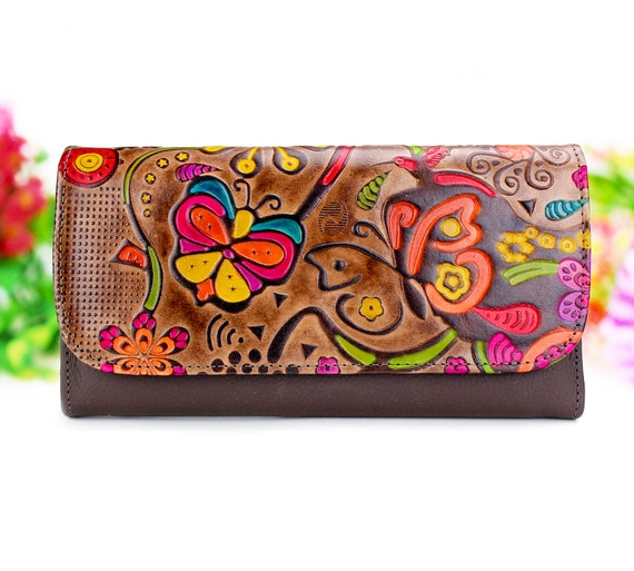 Pattern Ladies Hand Painted Leather Trifold Wallet, Compartments: 1