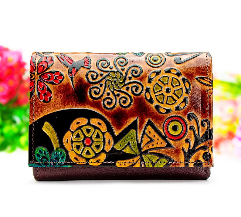 Vintage Boho Wallet for women Genuine Leather Hand painted Etsy