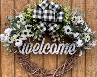 715S21 Summer Wreath Front Door Wreath. Cotton Wreath