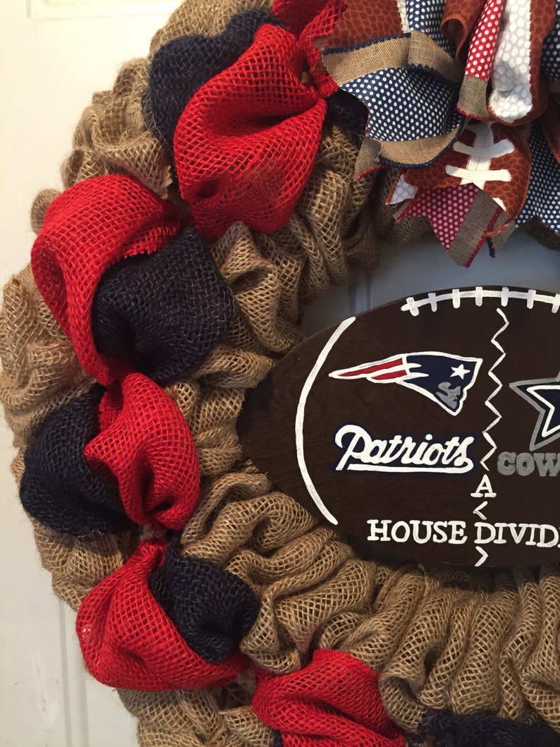 Patriots sign Cowboys a house divided football wreath Dallas Cowboys wreath house divided football wreath New England Patriots wreath
