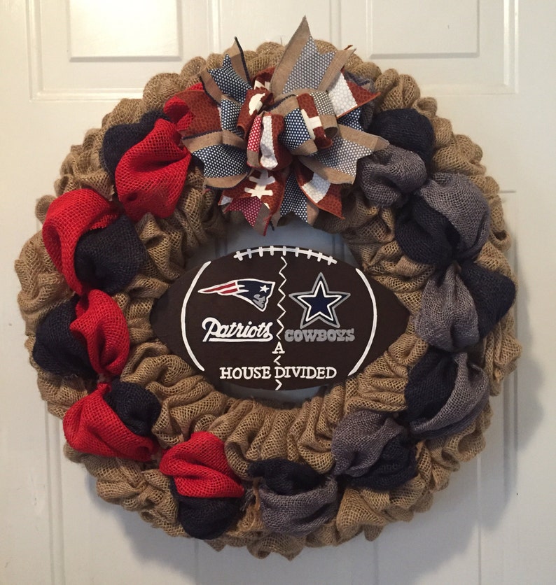 Patriots sign Cowboys a house divided football wreath Dallas Cowboys wreath house divided football wreath New England Patriots wreath