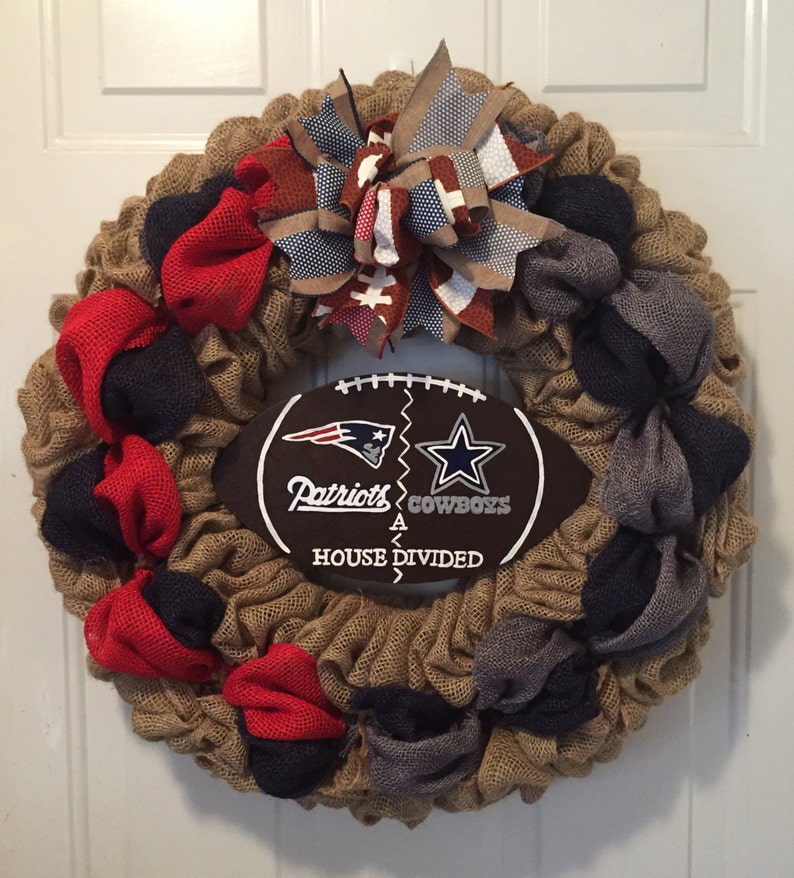 Patriots sign Cowboys a house divided football wreath Dallas Cowboys wreath house divided football wreath New England Patriots wreath